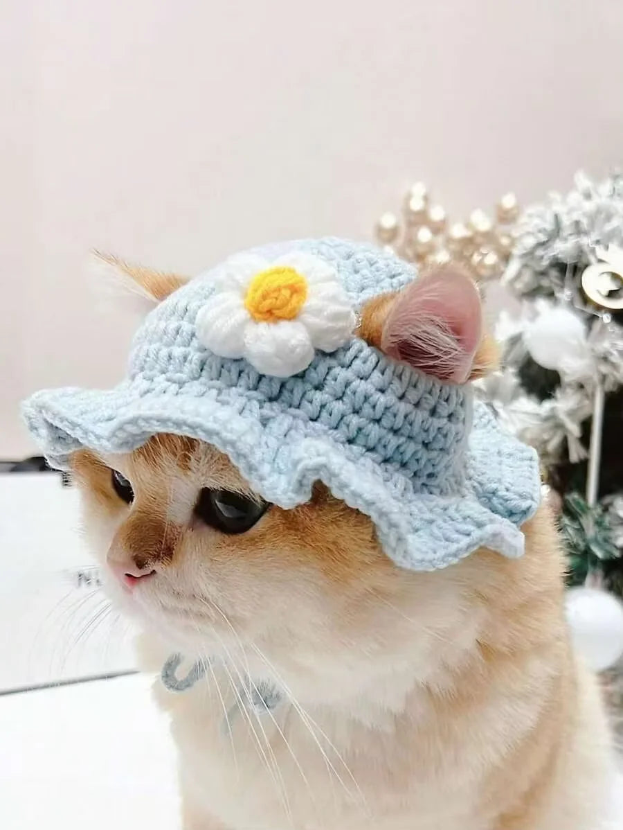 Warm Knitted Wool Pet Hat Featuring Floral Trim For Pets