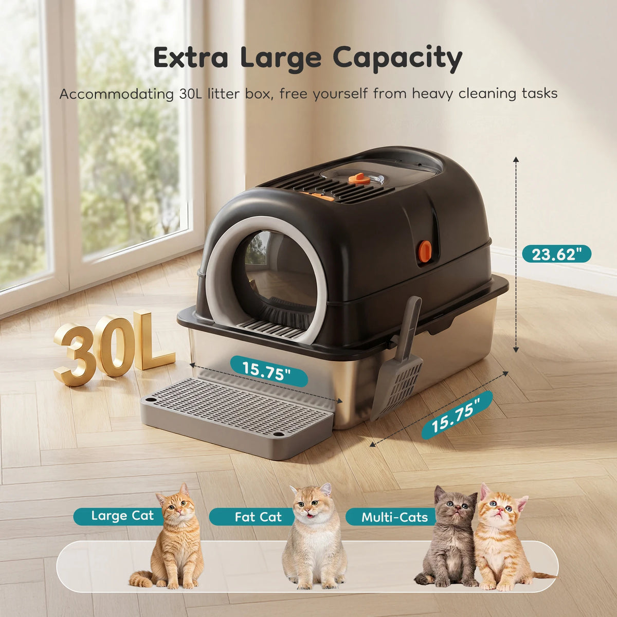 Totally Enclosed Stainless Steel Cat Litter Box With Scoop