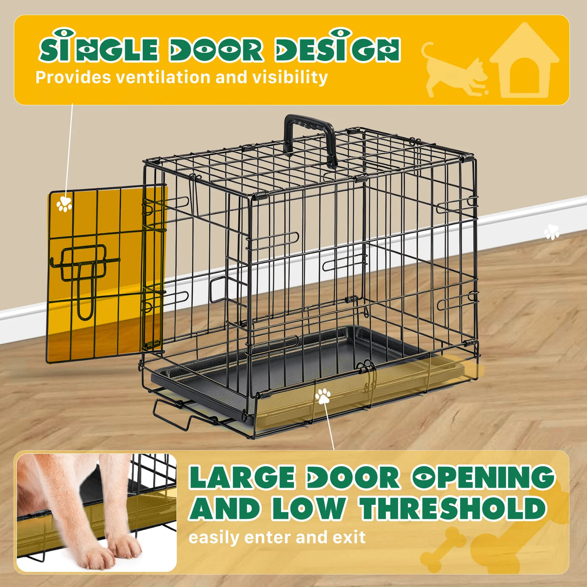 JHK Foldable Dog Crate With Secure Lock And Removable Tray