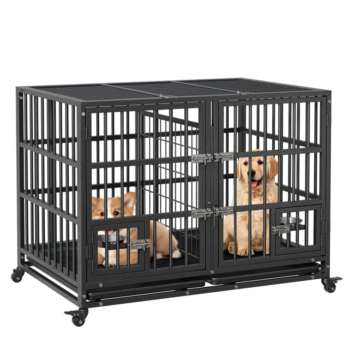 ANIXOL Heavy Duty Metal Dog Crate With Double Door Wheels