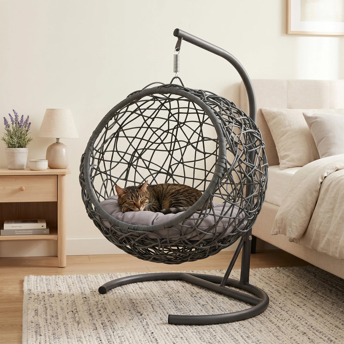 Rattan Cat Swing Bed With Stand And Soft Comfort Cushion