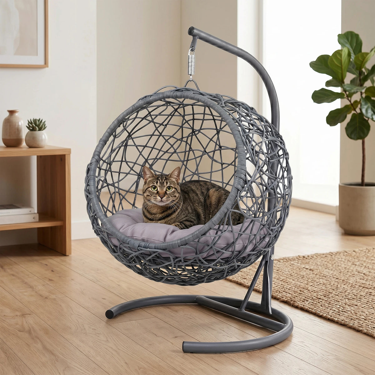 Rattan Cat Swing Bed With Stand And Soft Comfort Cushion