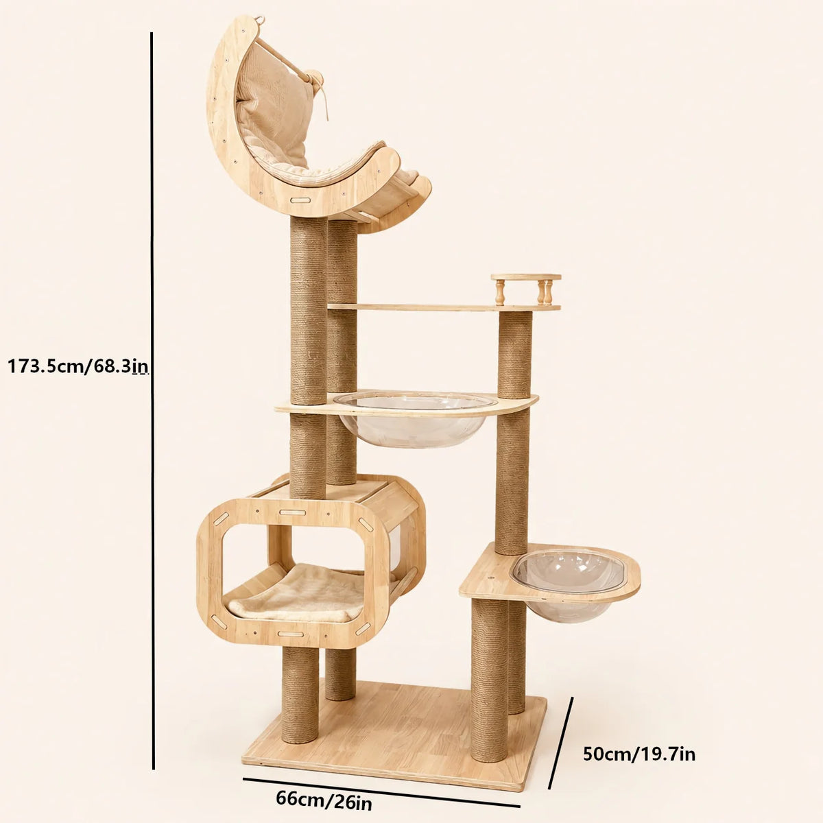 Wooden Cat Tree Tower With Moon Hammock And Sisal Posts