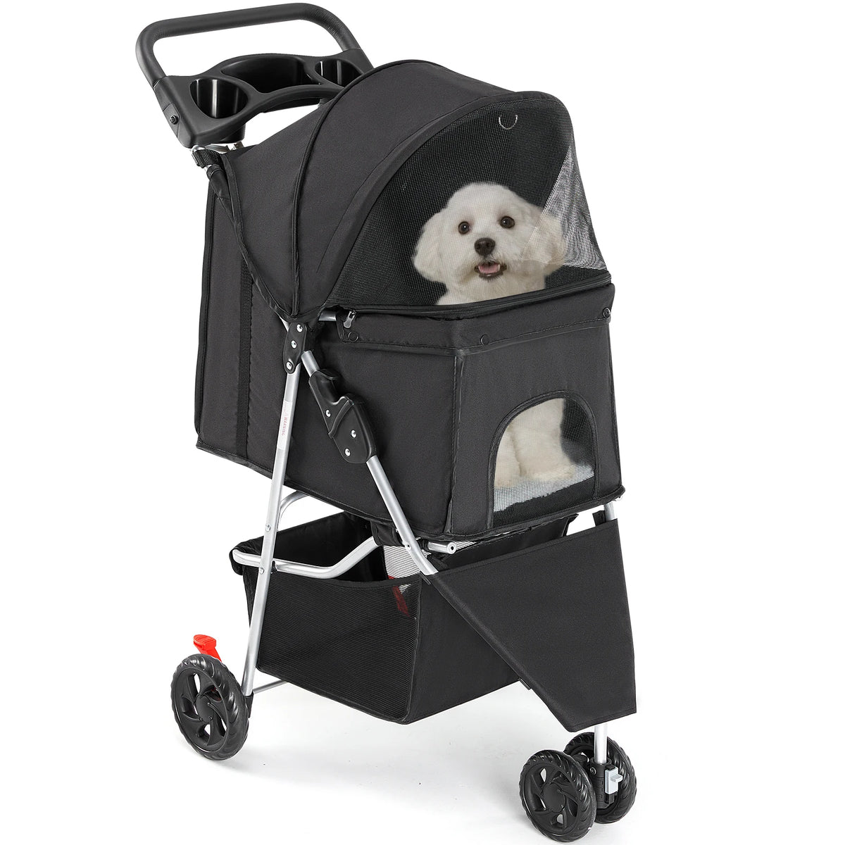 Foldable Three Wheel Pet Stroller With Storage Basket