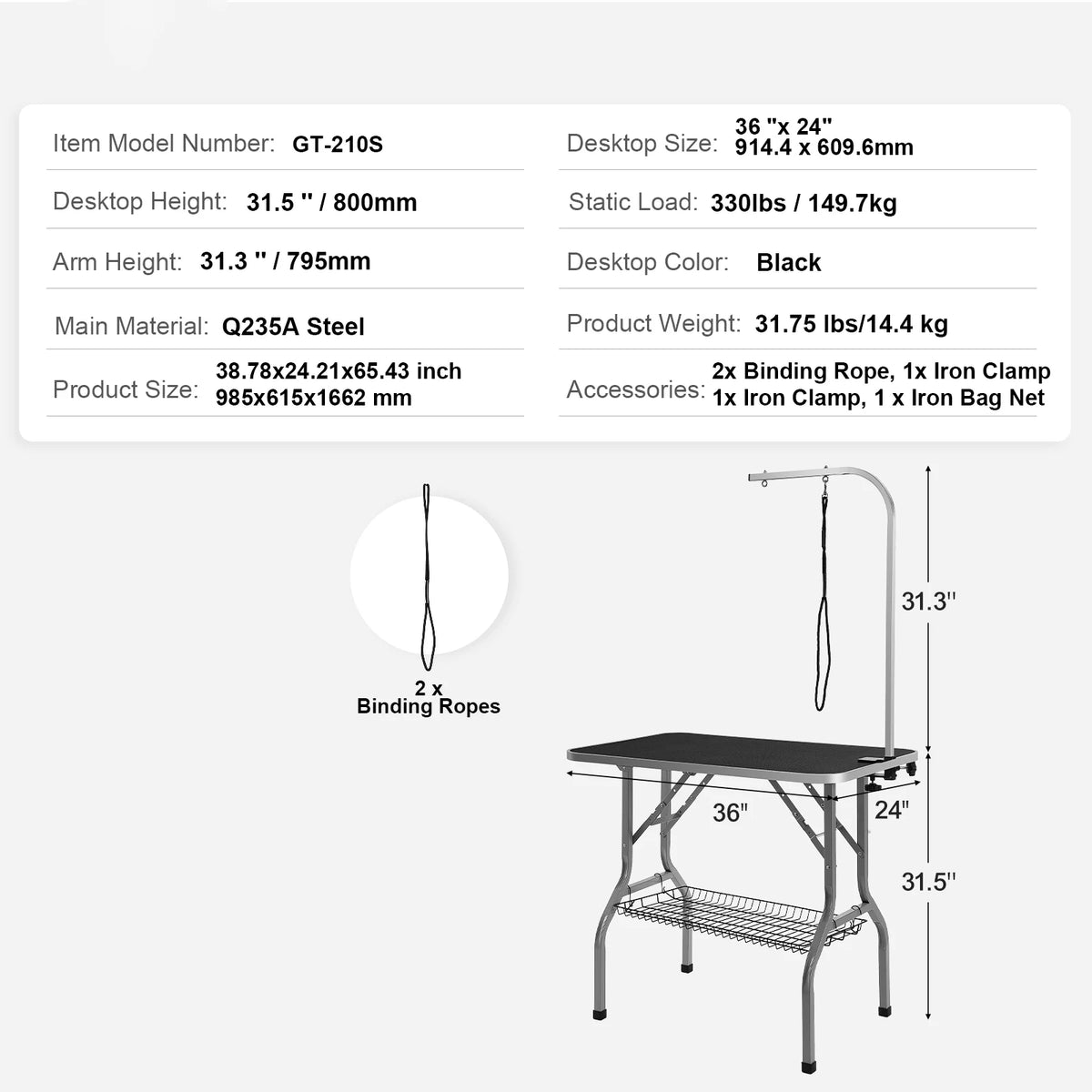 Foldable Pet Grooming Table With Dual Arms And Safety Loop