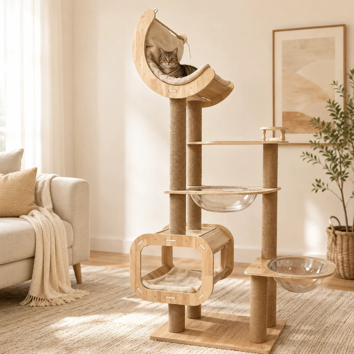 Wooden Cat Tree Tower With Moon Hammock And Sisal Posts