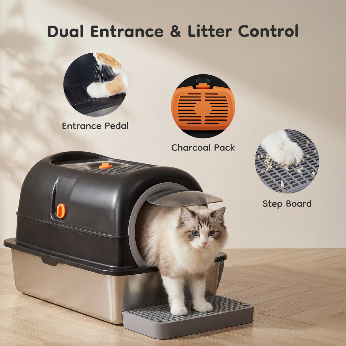 Totally Enclosed Stainless Steel Cat Litter Box With Scoop