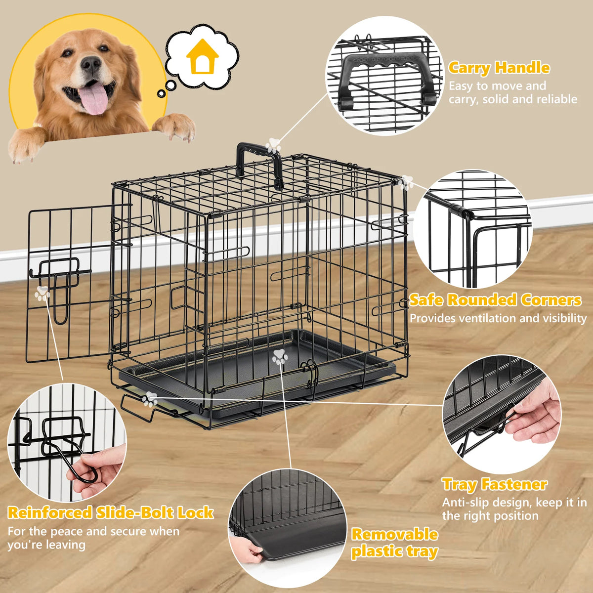 JHK Foldable Dog Crate With Secure Lock And Removable Tray
