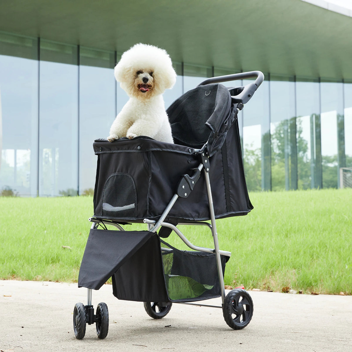 Foldable Three Wheel Pet Stroller With Storage Basket