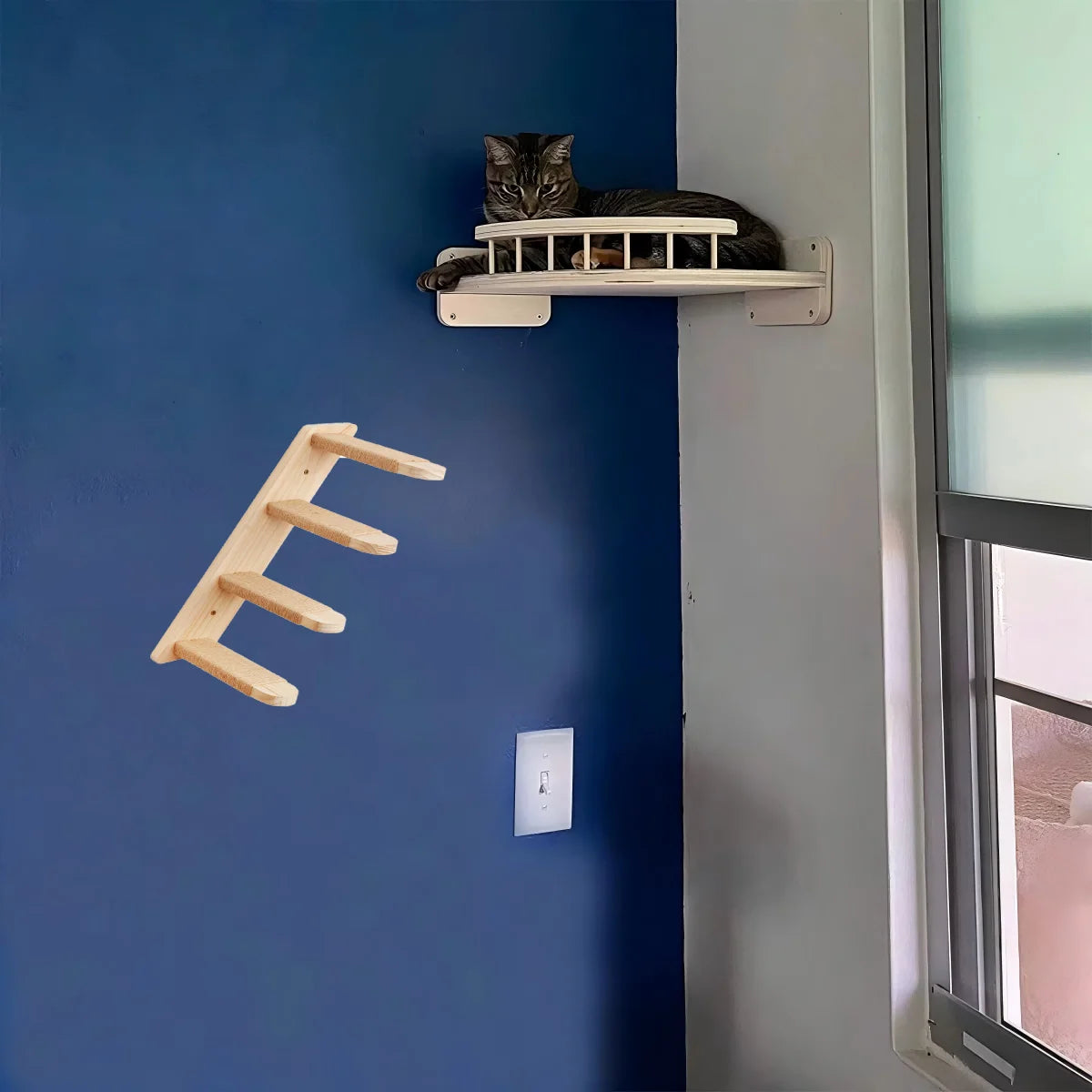 CWV Wall Mounted Wooden Corner Cat Tree And Hammock Set