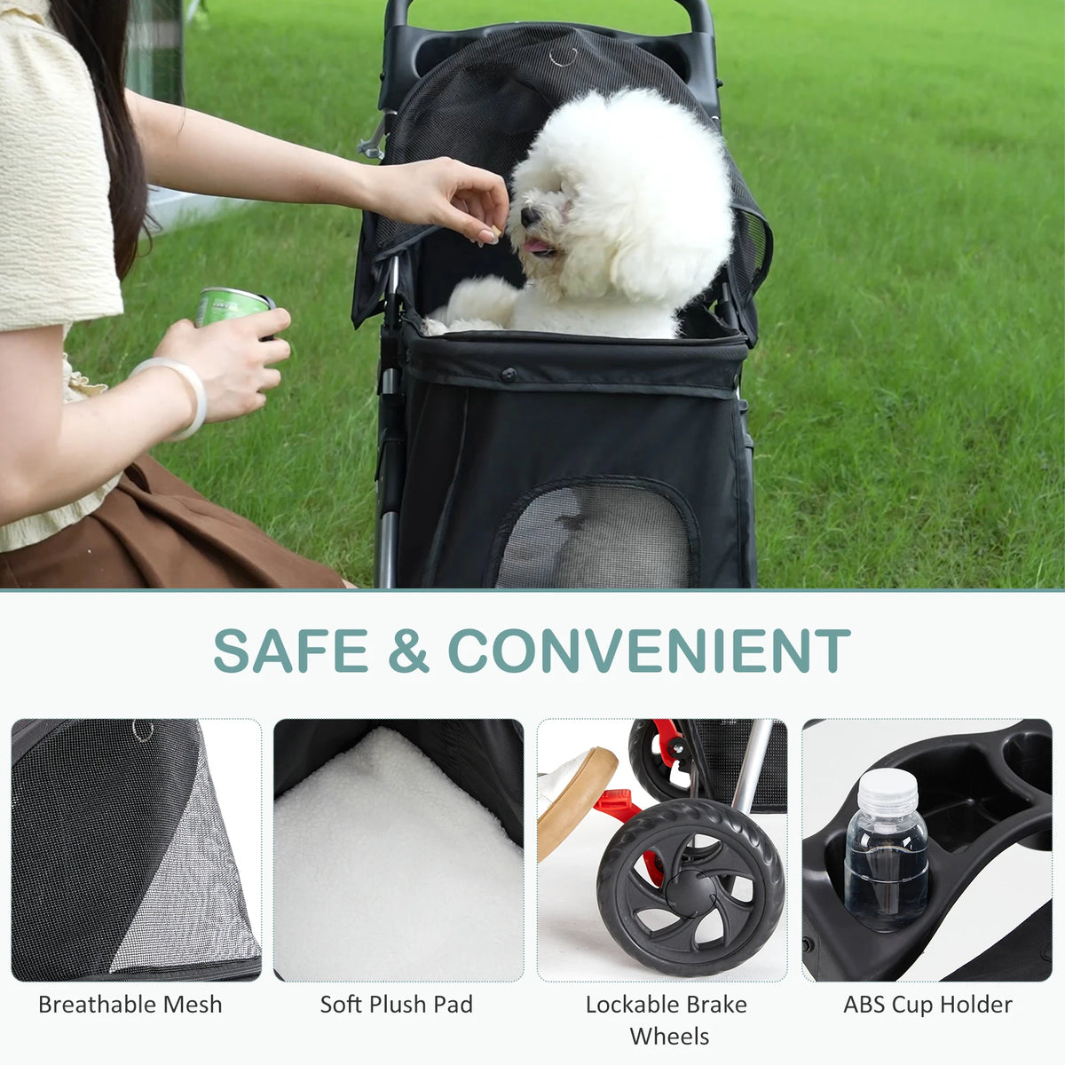 Foldable Three Wheel Pet Stroller With Storage Basket