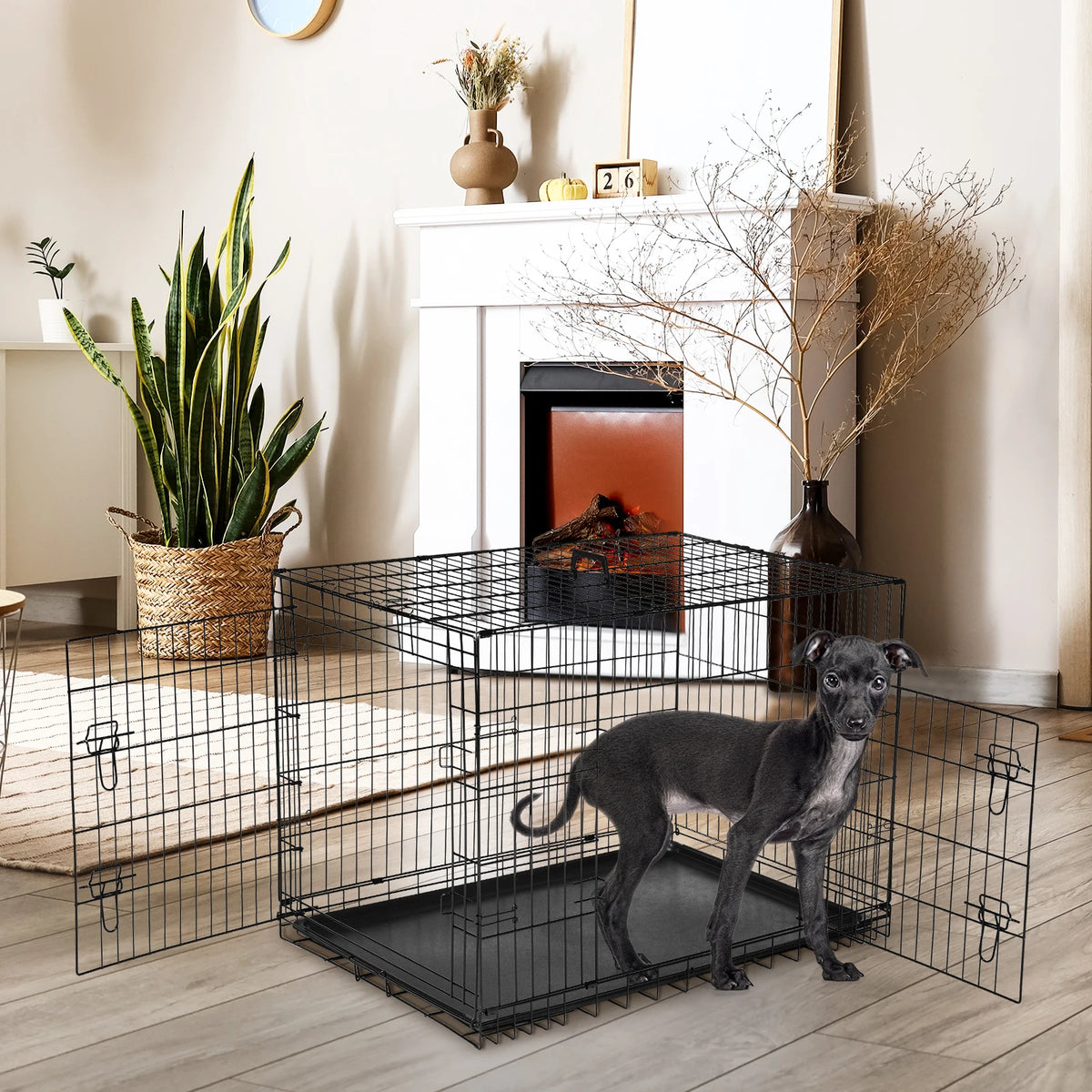 Jhk Double Door Folding Metal Dog Crate Leakproof Tray