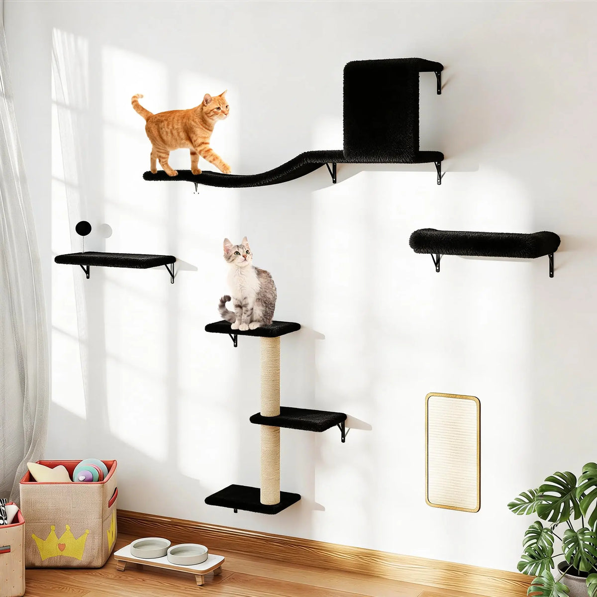 Wall Mounted Cat Tree And Shelves With Sisal Scratching Post
