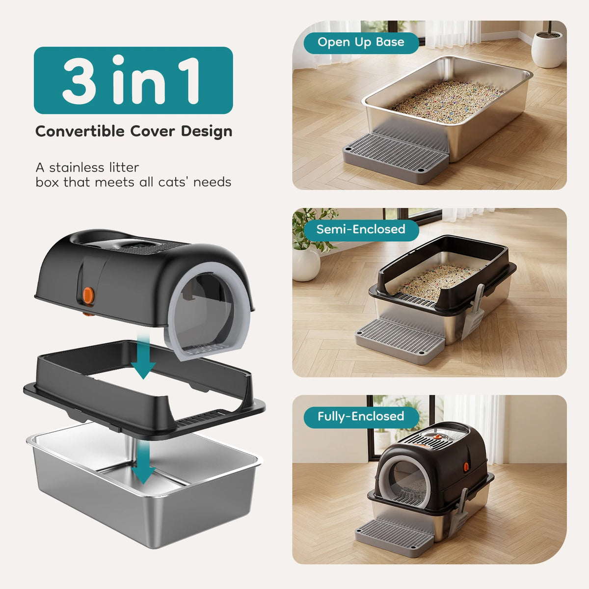 Totally Enclosed Stainless Steel Cat Litter Box With Scoop