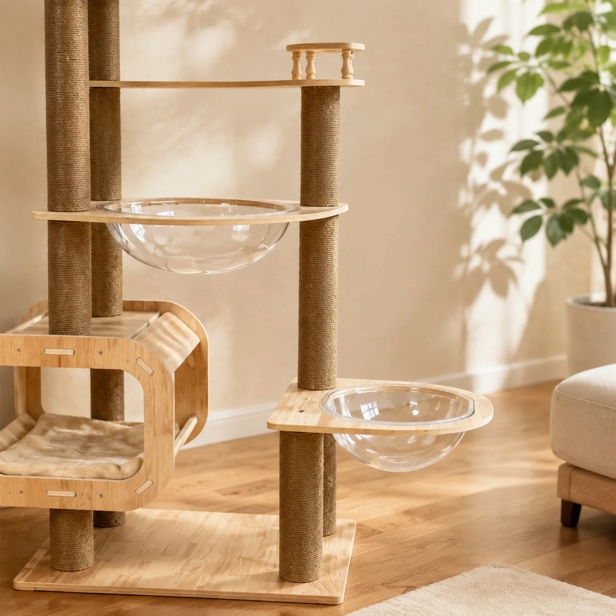 Wooden Cat Tree Tower With Moon Hammock And Sisal Posts