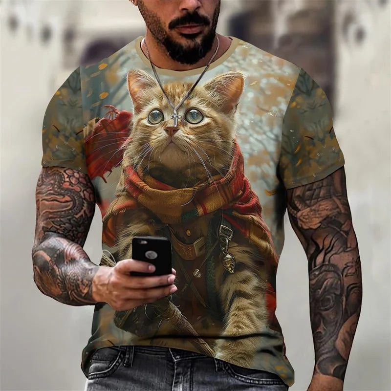 3D Printed Magical Wizard Cat Graphic T Shirt For Men###