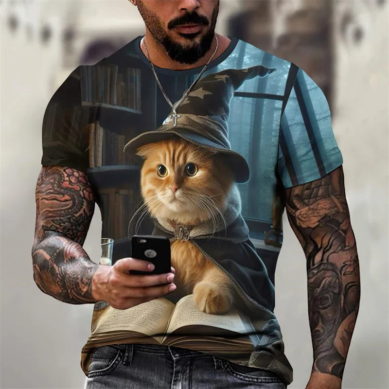 3D Printed Magical Wizard Cat Graphic T Shirt For Men###