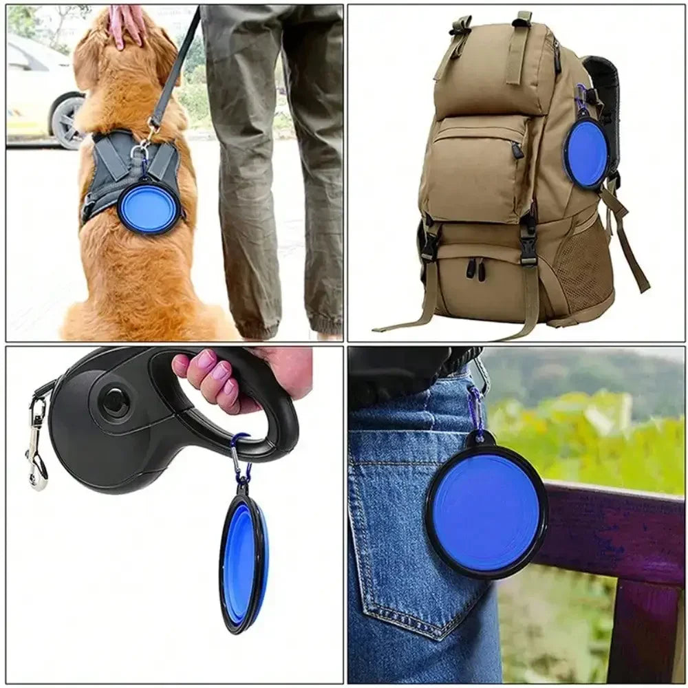 Portable Folding Pet Bowl Dispenser With Carabiner For Travel