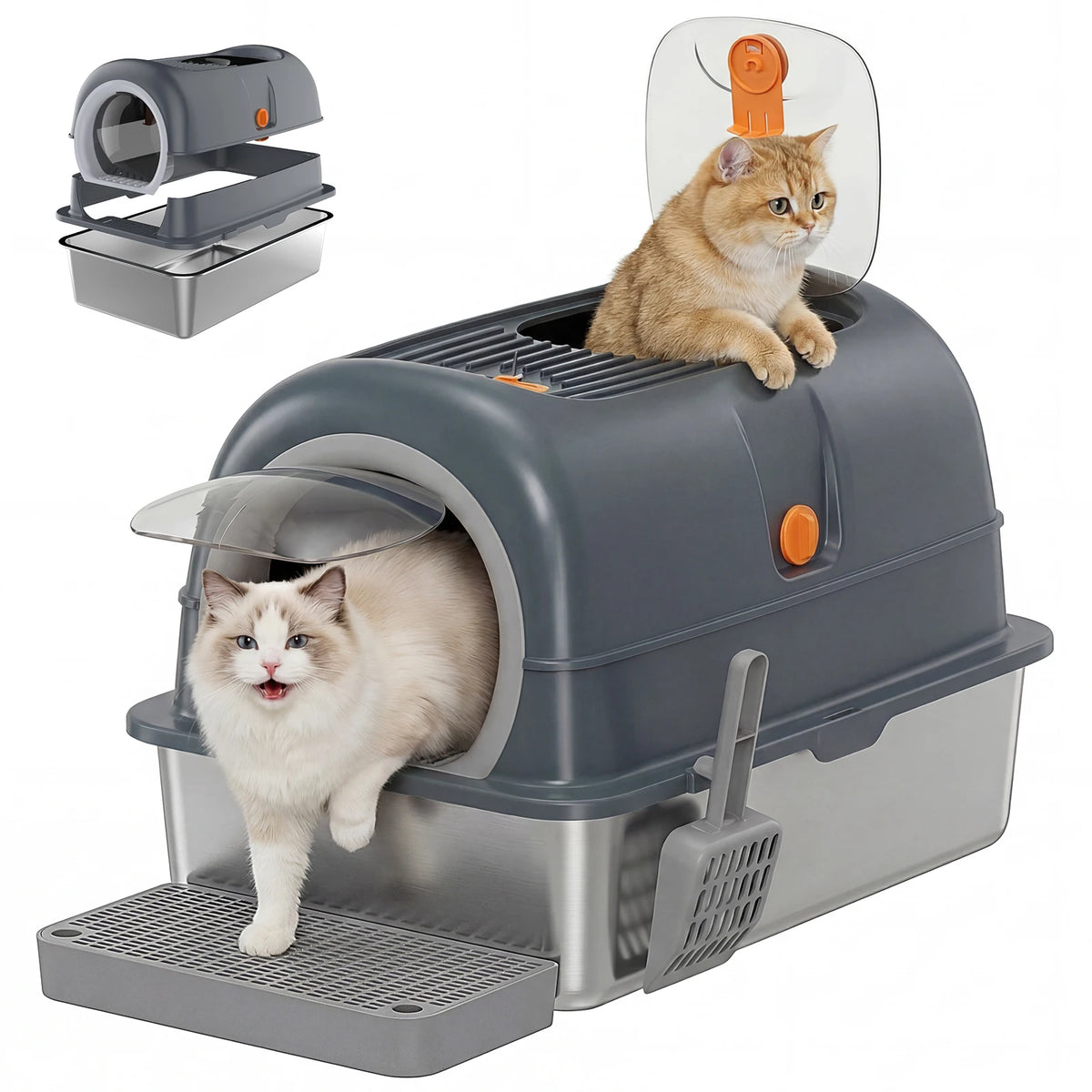 Totally Enclosed Stainless Steel Cat Litter Box With Scoop