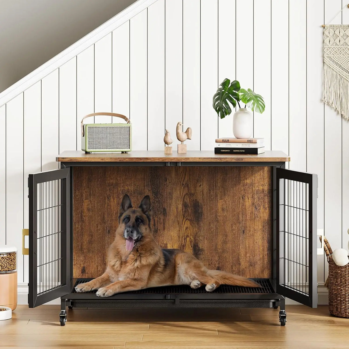 HiMISS Wooden Dog Crate Furniture With Heavy Steel Frame Wheels