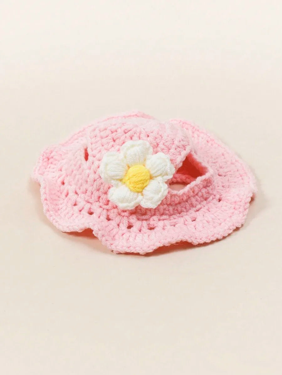 Warm Knitted Wool Pet Hat Featuring Floral Trim For Pets