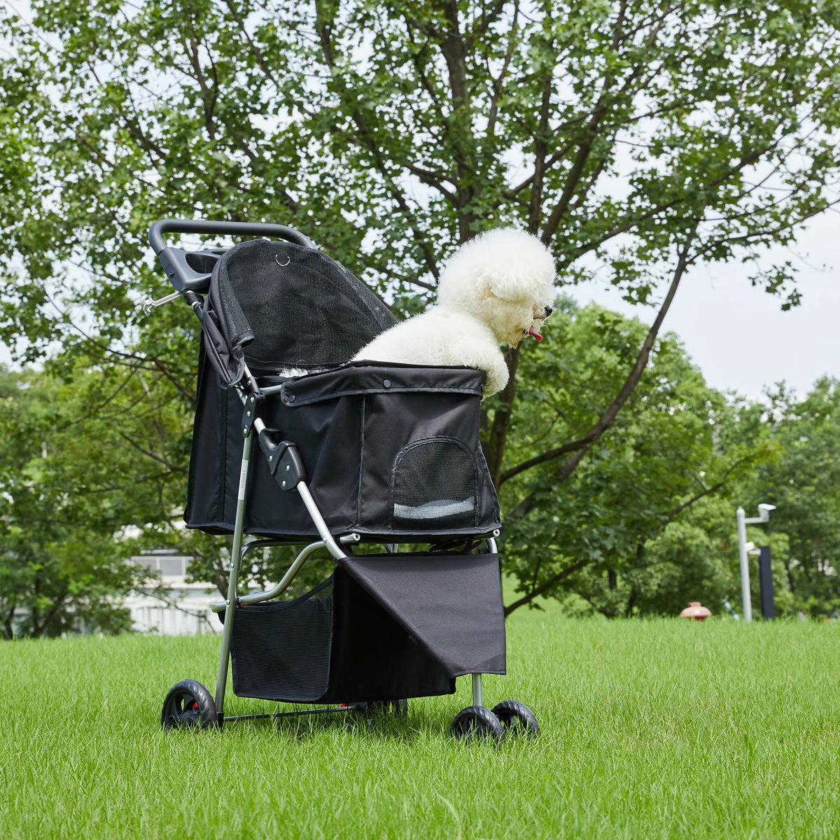 Foldable Three Wheel Pet Stroller With Storage Basket