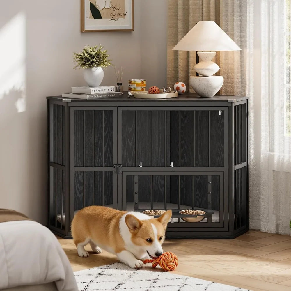 Corner Dog Crate Furniture with Feeding Bowls and Revolving Door