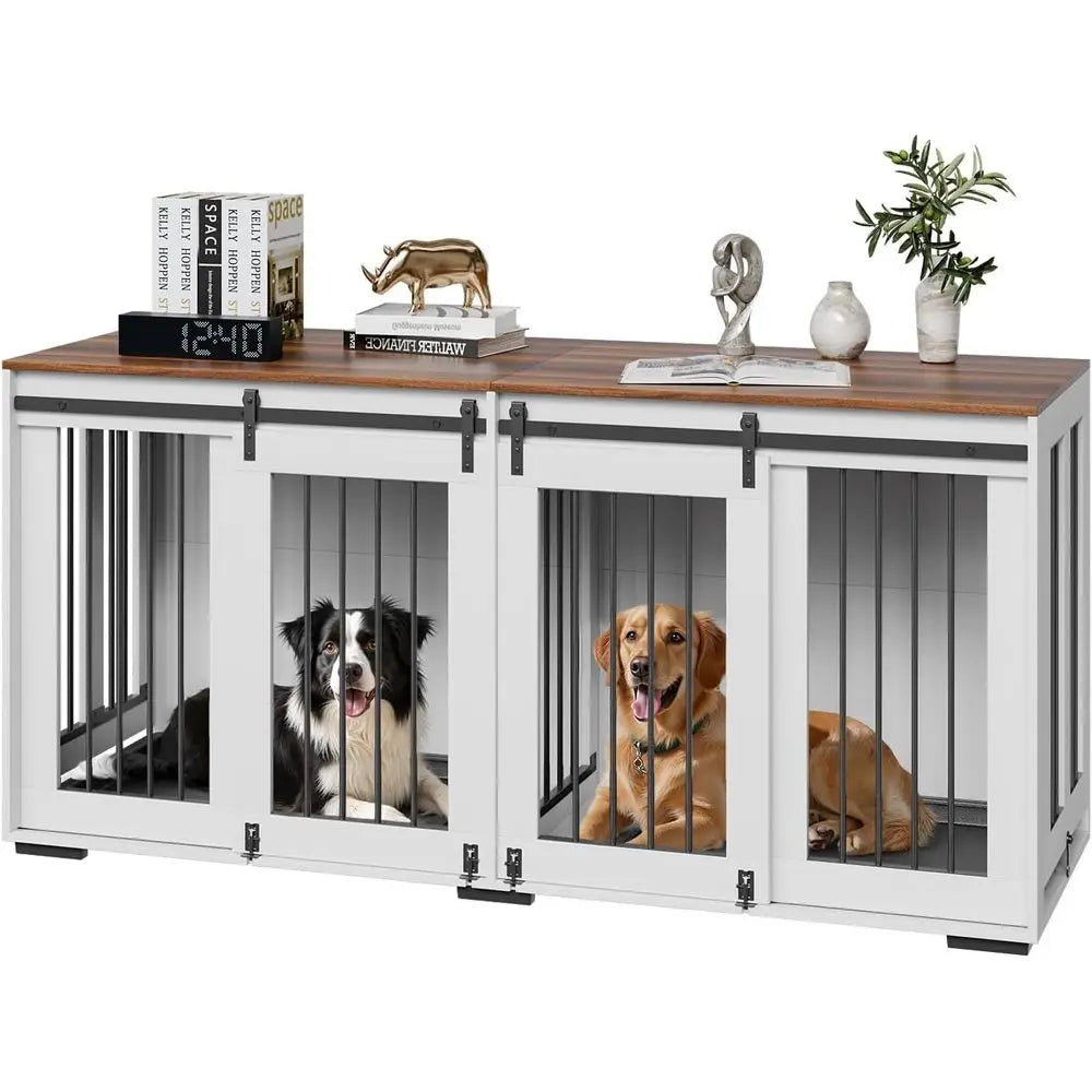 Dual Dog Crate Furniture With Sliding Doors And Removable Tray