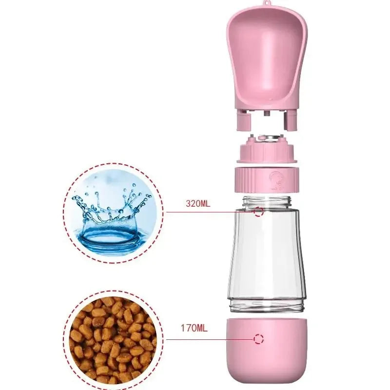 Portable Pet Travel Water Bottle With Integrated Food Container