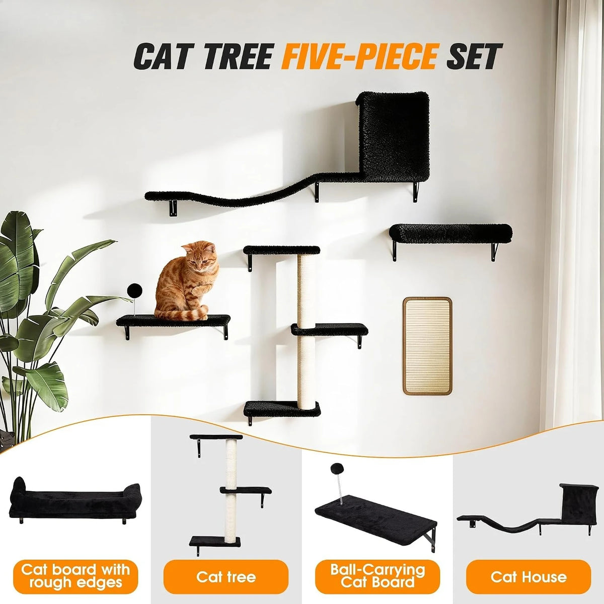 Wall Mounted Cat Tree And Shelves With Sisal Scratching Post
