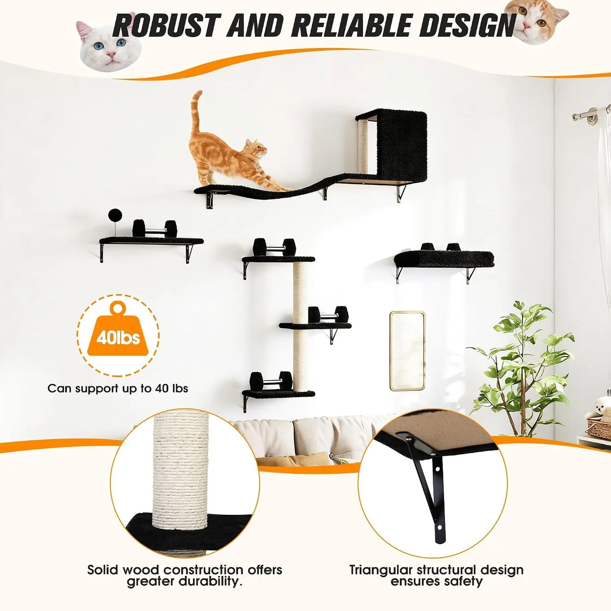 Wall Mounted Cat Tree And Shelves With Sisal Scratching Post