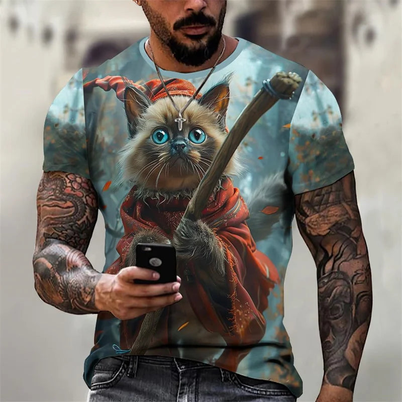 3D Printed Magical Wizard Cat Graphic T Shirt For Men###