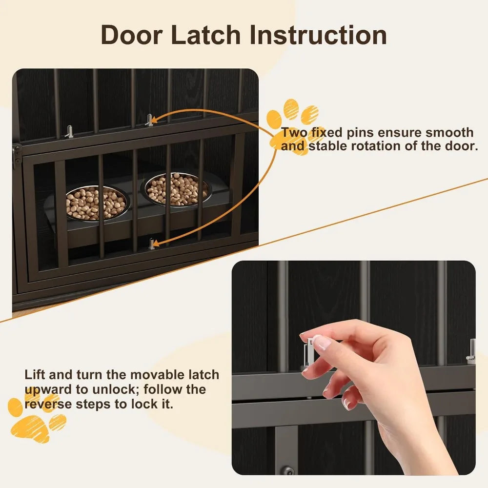 Corner Dog Crate Furniture with Feeding Bowls and Revolving Door