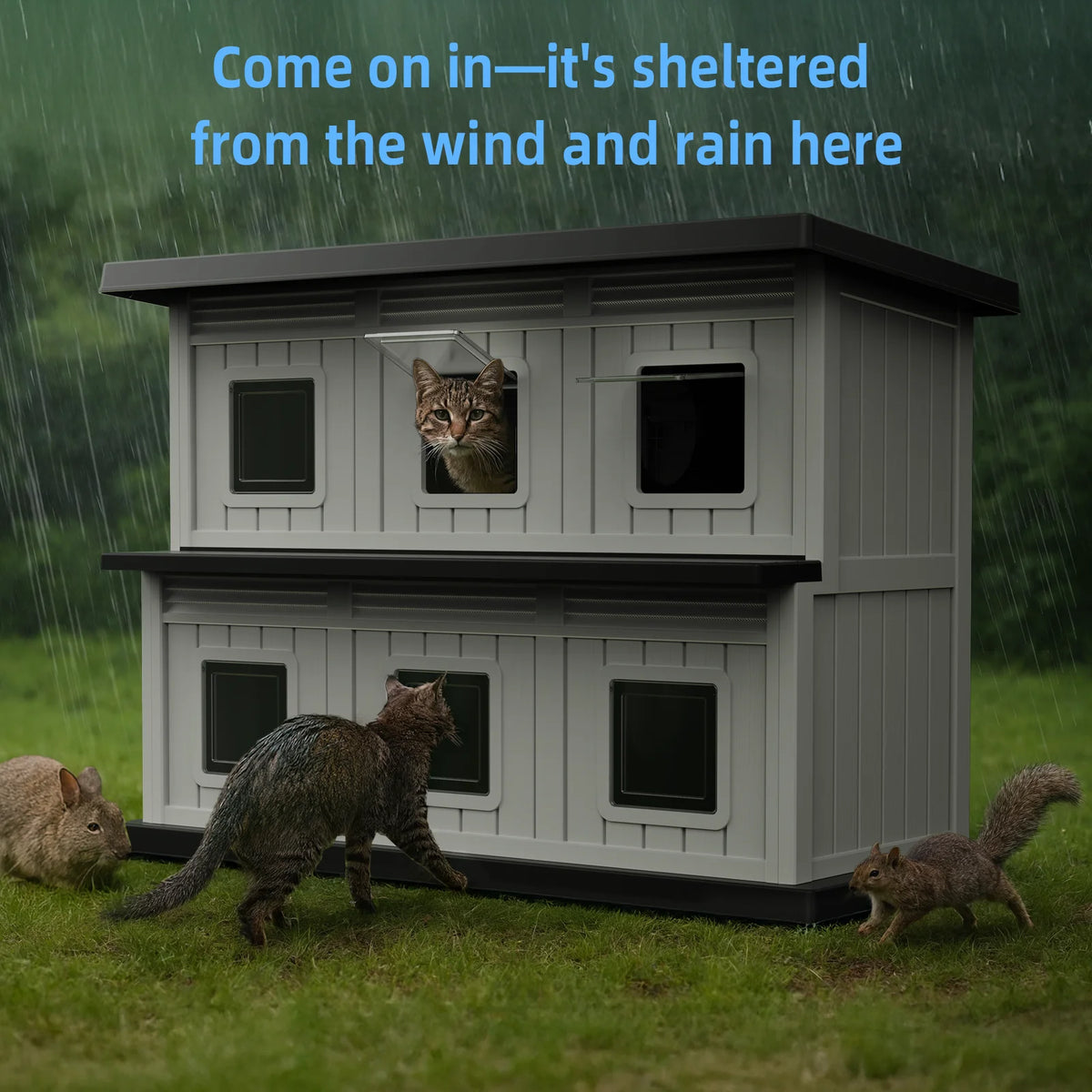 Double Tier Weatherproof Cat House For Indoor Outdoor Use