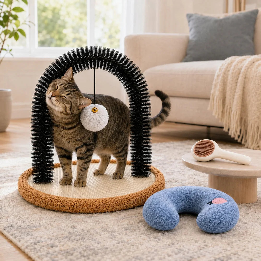 Cat Grooming Arch With Sisal Scratching Base And Plush Rest Pad