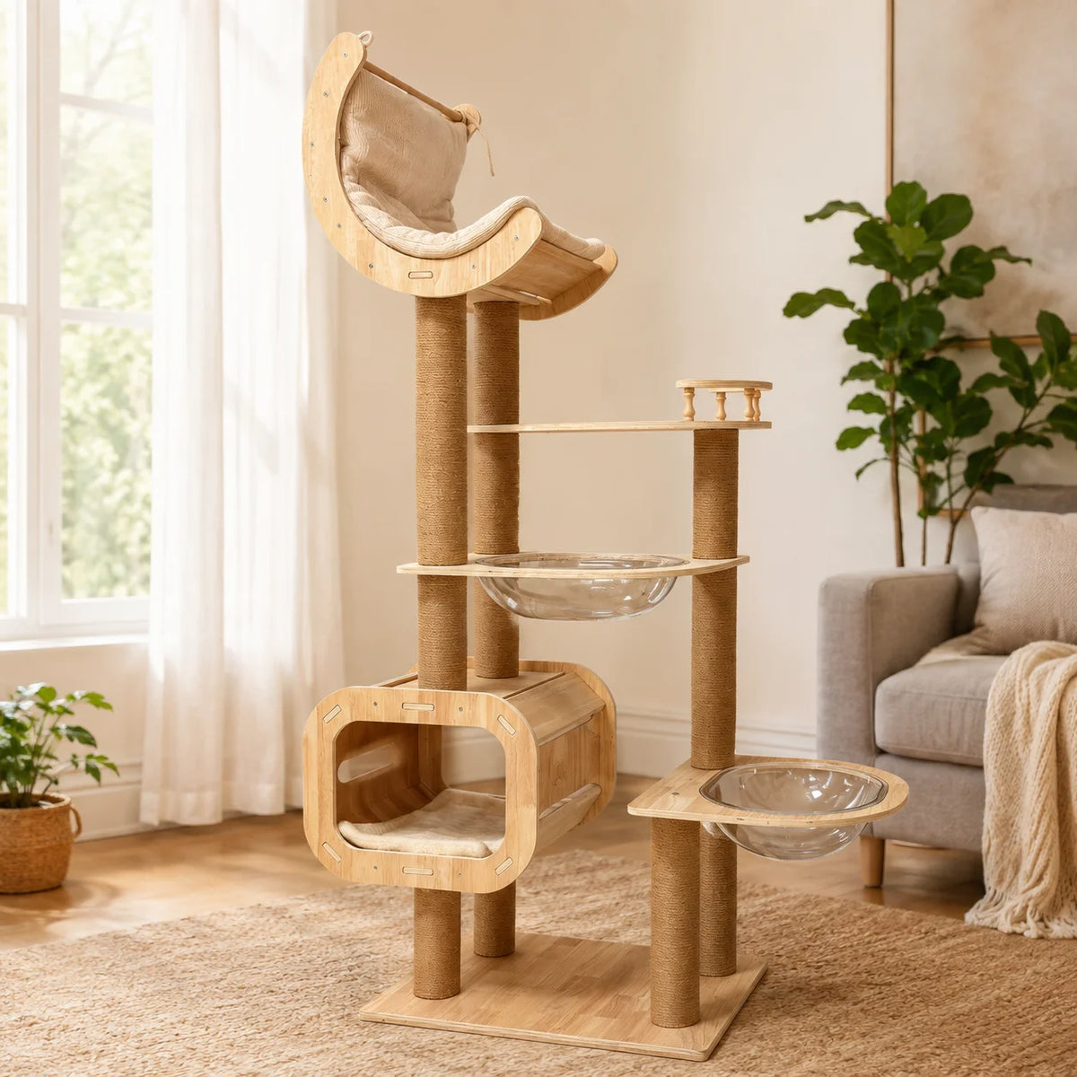 Wooden Cat Tree Tower With Moon Hammock And Sisal Posts