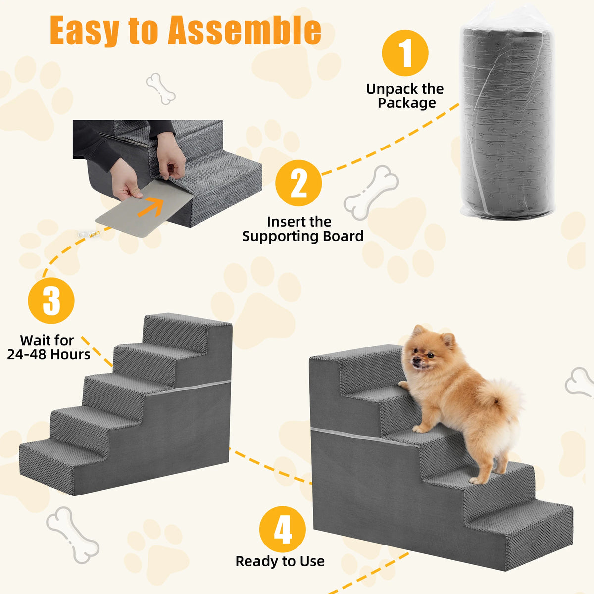 JHK Curved Foam Dog Stairs Non Slip Indoor Pet Ramp