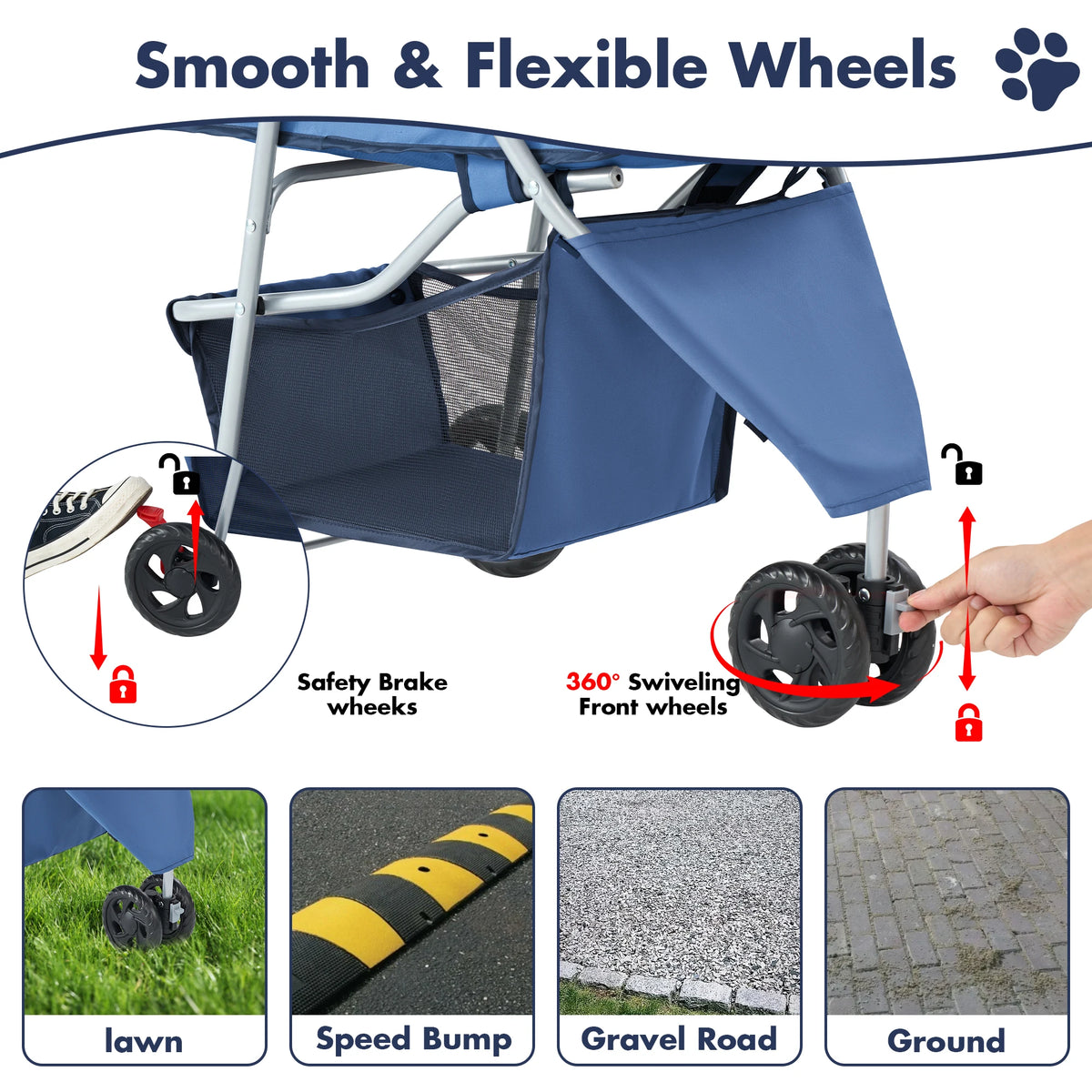 Foldable Three Wheel Pet Stroller With Storage Basket