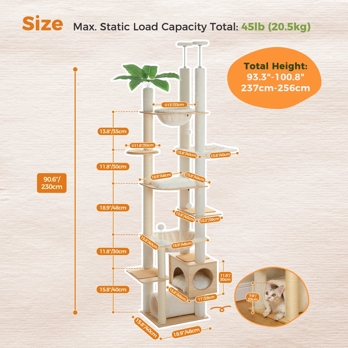 PAWZ Road Height Adjustable Wooden Cat Tower With Hammock
