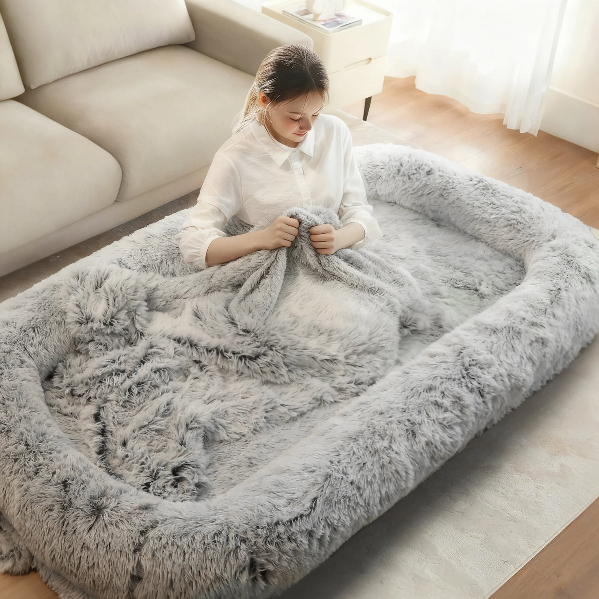 Premium Orthopedic Faux Fur Human Dog Bed With Washable Cover
