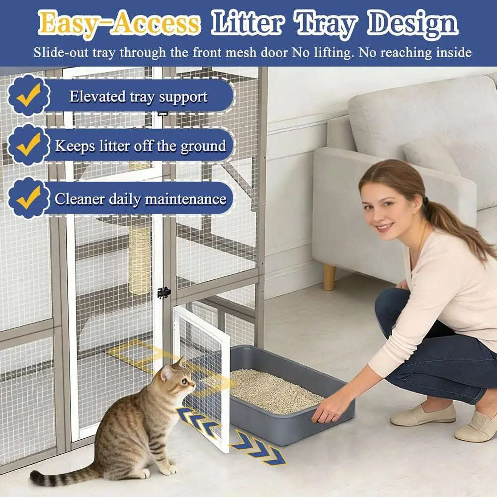 Walk In Outdoor Cat Enclosure With Multiple Platforms And Hammock
