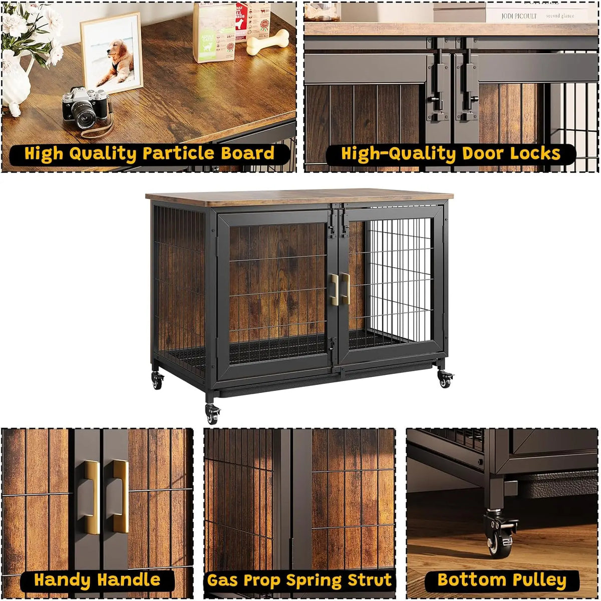 HiMISS Wooden Dog Crate Furniture With Heavy Steel Frame Wheels