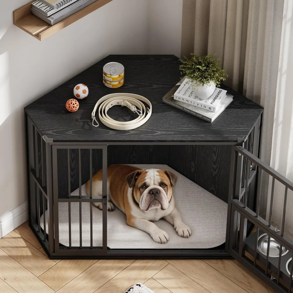 Corner Dog Crate Furniture with Feeding Bowls and Revolving Door